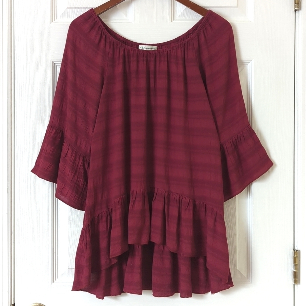 Neiman Marcus Jacquard Striped Off Shoulder Quarter Bell Sleeve Blouse Berry S